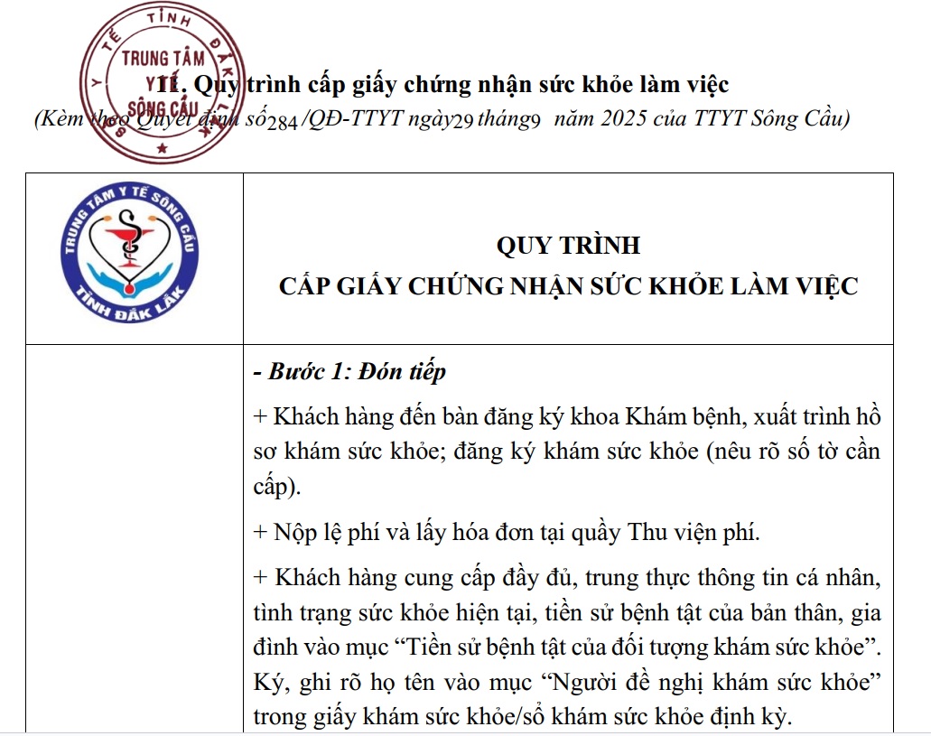 Quy trình cấp giấy chứng nhận sức khỏe làm việc